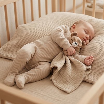 Vue profil droit bébé endormi avec doudou bébé tendresse plus couleur kaki dans bras