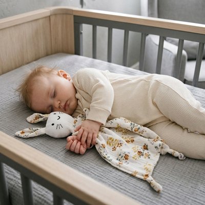 Vue profil droit bébé profondément endormi avec doudou bébé compagnon doux fleur dans bras