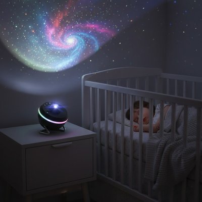 Vue profil droit bébé sereinement endormi sous lumière douce projecteur enfant univers magique