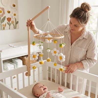 Vue profil droit de bébé souriant dans son lit et regardant sa mère vêtu de beige rayé fixer le mobile bébé apaisant musical suspendu au dessus de lui