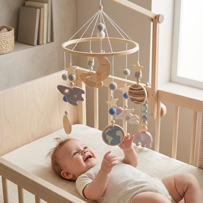Vue profil droit de bébé vêtu beige dans son lit souriant et émerveillé par le mobile bébé univers apaisant suspendu au dessus de lui
