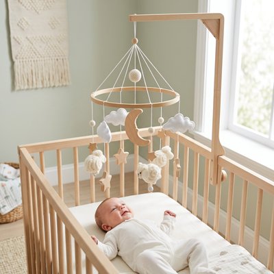 Vue de profil droit de bébé vêtu de blanc dans son lit souriant et admiratif du mobile bébé design apaisant suspendu au dessus de lui