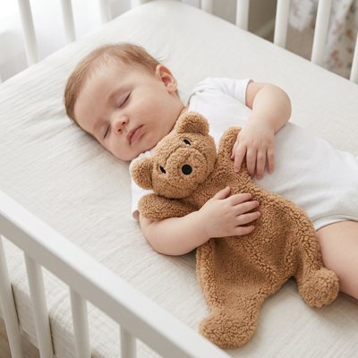 Vue profil droit bébé vêtu blanc endormi sur lit avec doudou nuit sereine dans bras