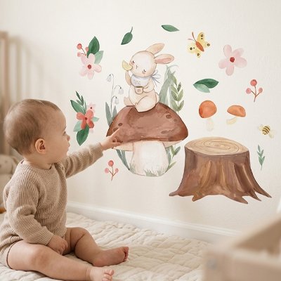 Vue profil droit bébé vêtu gris assis touchant de main mur orné par stickers muraux chambre déco raffinée