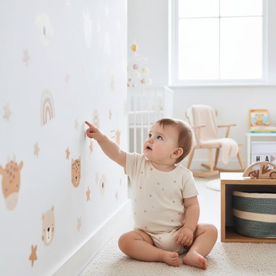 Vue profil droit de bébé assis sur tapis et pointant mur décoré avec stickers muraux enfant savane douce