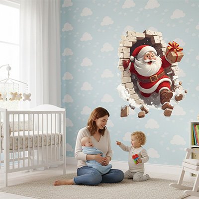 Vue profil droit maman avec bébé dans ses bras et enfant assis sur tapis et communiant dans chambre ornée par stickers muraux enfant esprit noël