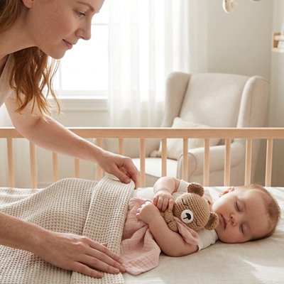 Vue profil droit maman couchant dans lit bébé tenant doudou bébé tendresse réconfortante dans bras