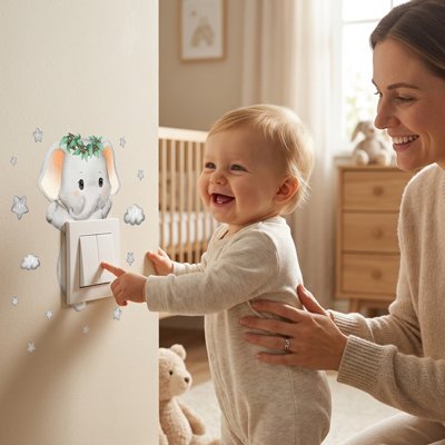 Vue profil droit mère et bébé appréciant décoration stickers muraux enfant position facile autour interrupteur