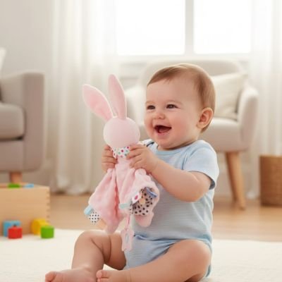 Vue profil enfant vêtu de bleu assis et heureux tenant son Doudou bébé Ultra-Doux Apaisant lapin fauteuils gris et beige en arrière plan