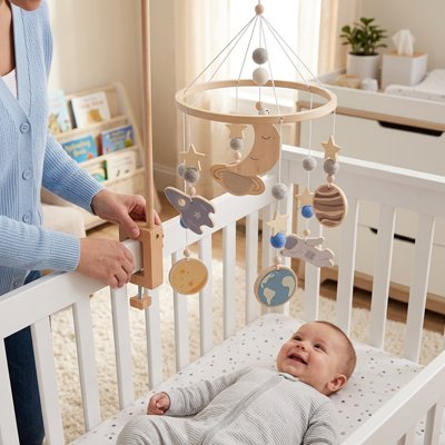 Vue profil gauche de bébé dans son lit et observant un adulte qui règle le mobile bébé univers apaisant sur le lit