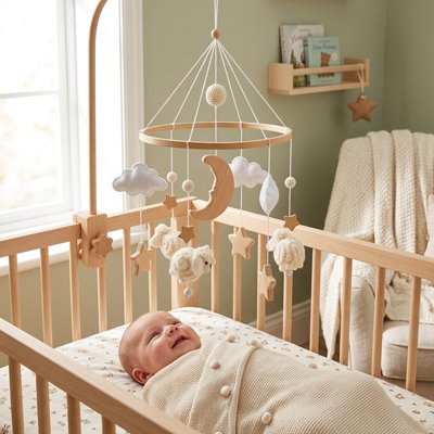 Vue de profil gauche de bébé dans lit souriant et admiratif du mobile bébé design apaisant suspendu au dessus de lui