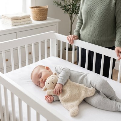 Vue profil gauche de bébé endormi avec doudou bébé compagnon fidèle dans bras et adulte debout tenant berceau blanc