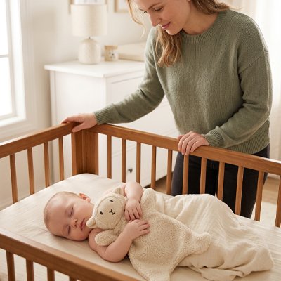 Vue profil gauche de bébé endormi avec doudou bébé compagnon fidèle dans bras et mère debout tenant berceau et observant bébé