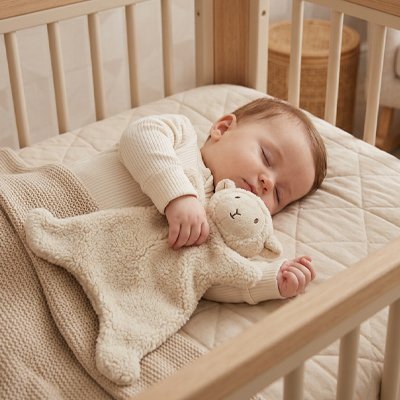 Vue profil gauche de bébé endormi avec doudou bébé compagnon fidèle dans les bras