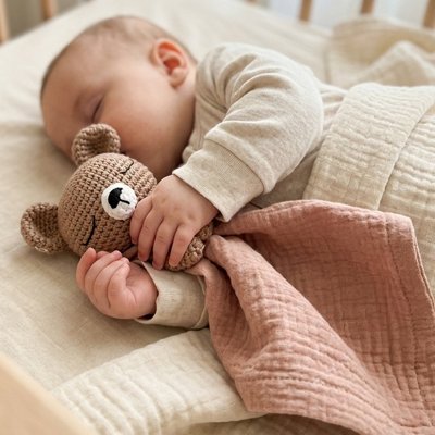 Vue profil gauche bébé endormi avec doudou bébé tendresse plus couleur brique dans bras