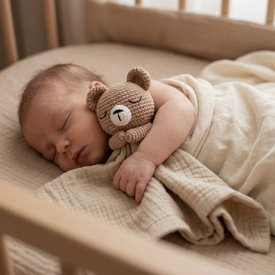 Vue profil gauche bébé endormi avec doudou bébé tendresse plus couleur kaki dans bras