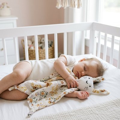 Vue profil gauche bébé profondément endormi avec doudou bébé compagnon doux fleur dans bras