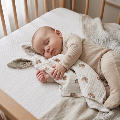 Vue profil gauche bébé sereinement endormi avec doudou premier câlin beige dans bras