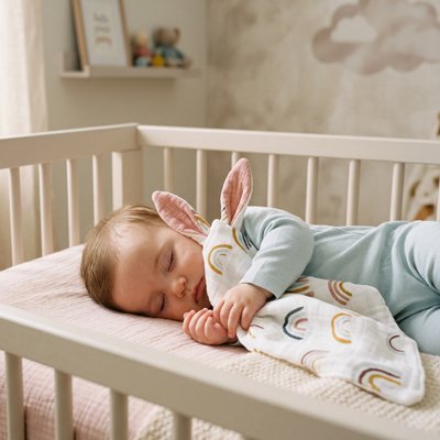 Vue profil gauche bébé sereinement endormi avec doudou premier câlin blanc dans bras