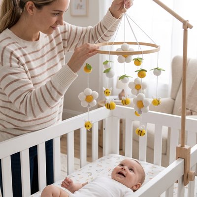 Vue profil gauche de bébé souriant dans son lit et regardant sa mère vêtu de blanc rayé de marron fixer le mobile bébé apaisant musical suspendu au dessus de lui