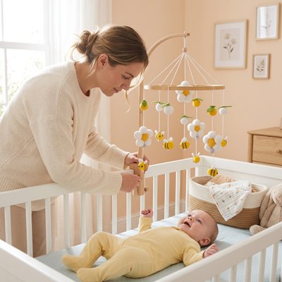Vue profil gauche de bébé souriant dans son lit regardant mobile bébé apaisant musical suspendu au dessus de lui et communiant avec mère debout à côté du lit