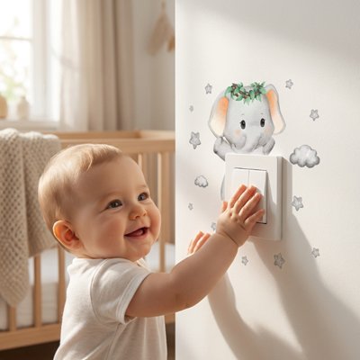 Vue profil gauche bébé souriant émerveillé par décoration stickers muraux enfant position facile