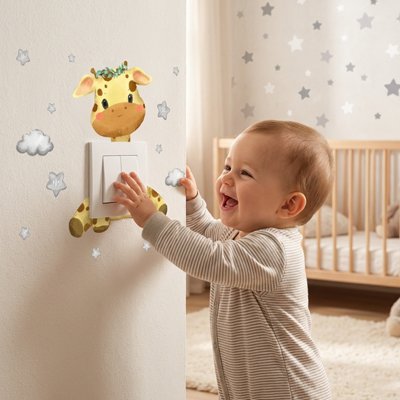 Vue profil gauche bébé souriant touchant interrupteur sur mur décoré par stickers muraux enfant installation rapide