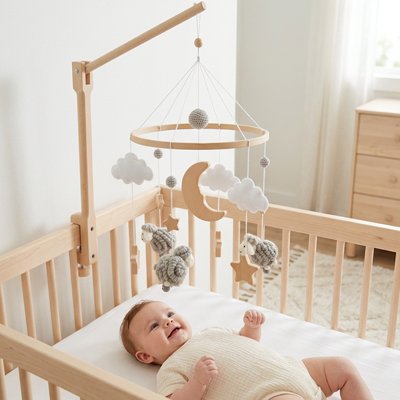 Vue de profil gauche de bébé vêtu de blanc dans son lit souriant et admiratif du mobile bébé design apaisant suspendu au dessus de lui