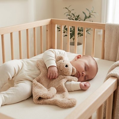 Vue profil gauche bébé vêtu blanc endormi sur lit avec doudou nuit sereine dans bras