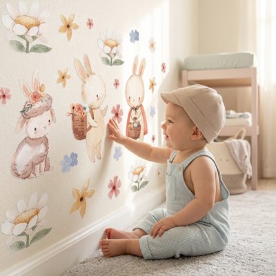 Vue profil gauche bébé vêtu bleu assis touchant de main mur orné par stickers muraux chambre déco raffinée