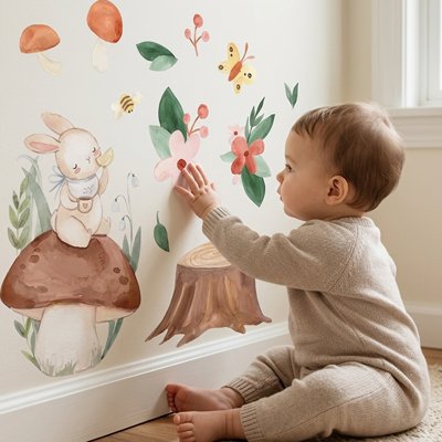 Vue profil gauche bébé vêtu gris assis touchant de main mur orné par stickers muraux chambre déco raffinée