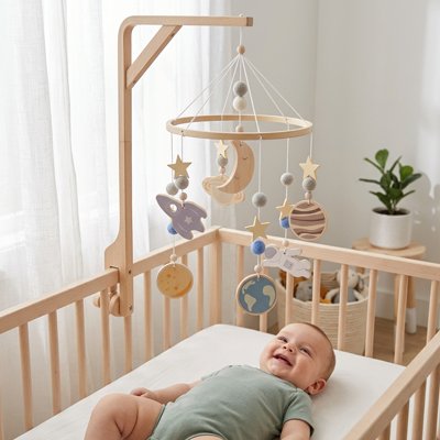 Vue profil gauche de bébé vêtu de vert dans son lit souriant et émerveillé par le mobile bébé univers apaisant suspendu au dessus de lui