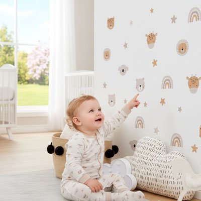 Vue profil gauche de bébé assis sur tapis et pointant mur décoré avec stickers muraux enfant savane douce