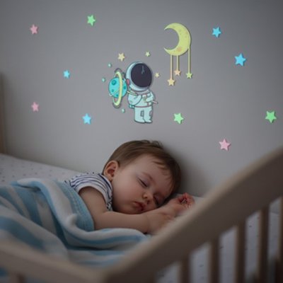 Vue profil gauche de bébé profondément endormi dans chambre décorée par stickers muraux chambre déco chic
