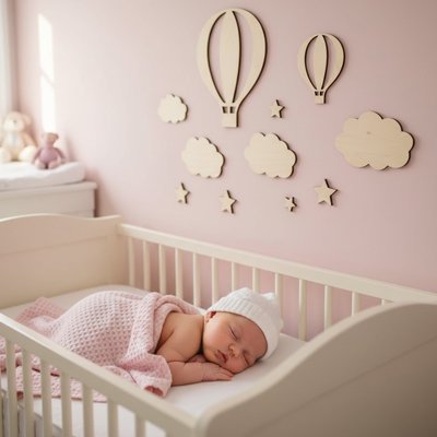 Vue profil gauche de bébé profondément endormi dans chambre ornée par stickers muraux design unique