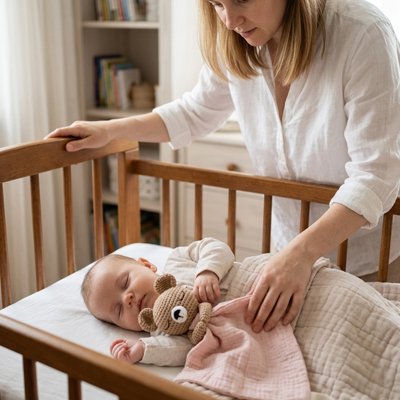 Vue profil gauche maman couchant dans lit bébé tenant doudou bébé tendresse réconfortante dans bras