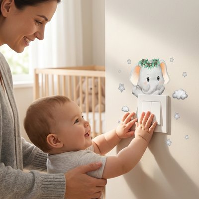 Vue profil gauche mère et bébé appréciant décoration stickers muraux enfant position facile autour interrupteur
