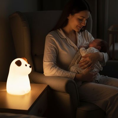 Vue profil maman assise dans fauteuil et berçant bébé sous éclairage veilleuse bébé lumière douce
