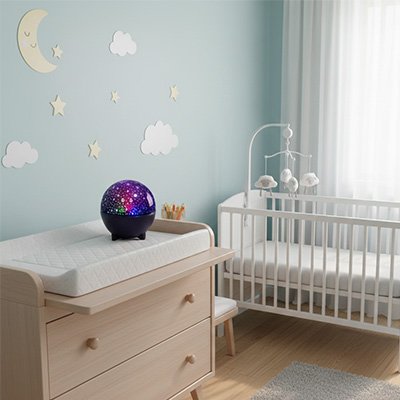 Vue profil veilleuse projection féérique sur commode près berceau blanc dans chambre bébé