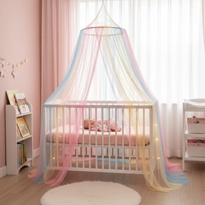 Zoom arrière de bébé endormi dans son berceau recouvert sur l'ensemble et décoré par le ciel de lit cocon enchanteur