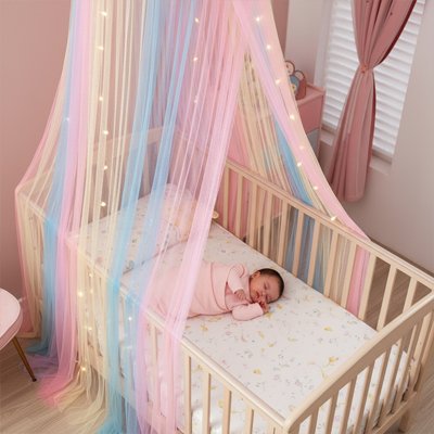 Zoom avant de bébé endormi dans son berceau recouvert sur la largeur et décoré par le ciel de lit cocon enchanteur