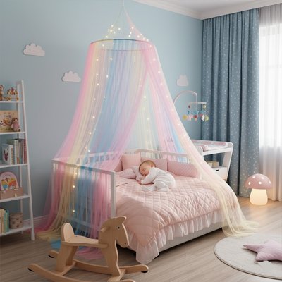 Zoom avant de bébé endormi dans son berceau recouvert sur de moitié et décoré par le ciel de lit cocon enchanteur